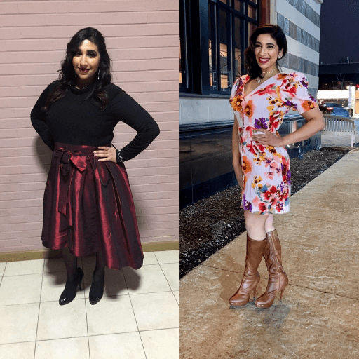 rima eid weight loss transformation dresses flowers, brown boots